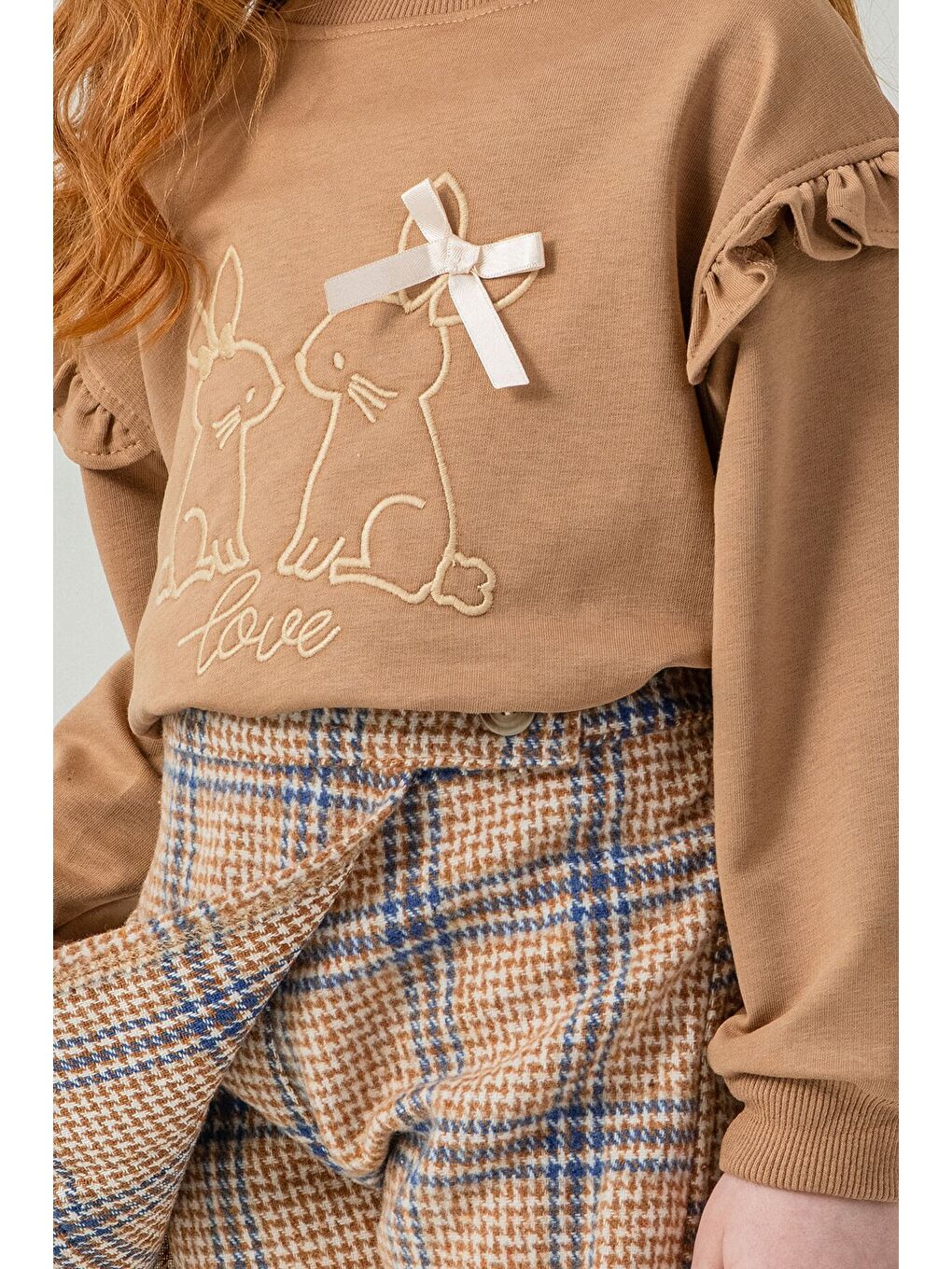 Kahverengi Kız Çocuk Tavşan Nakışlı Ekose Desenli Şort Etekli 2'li Takım 21538-1