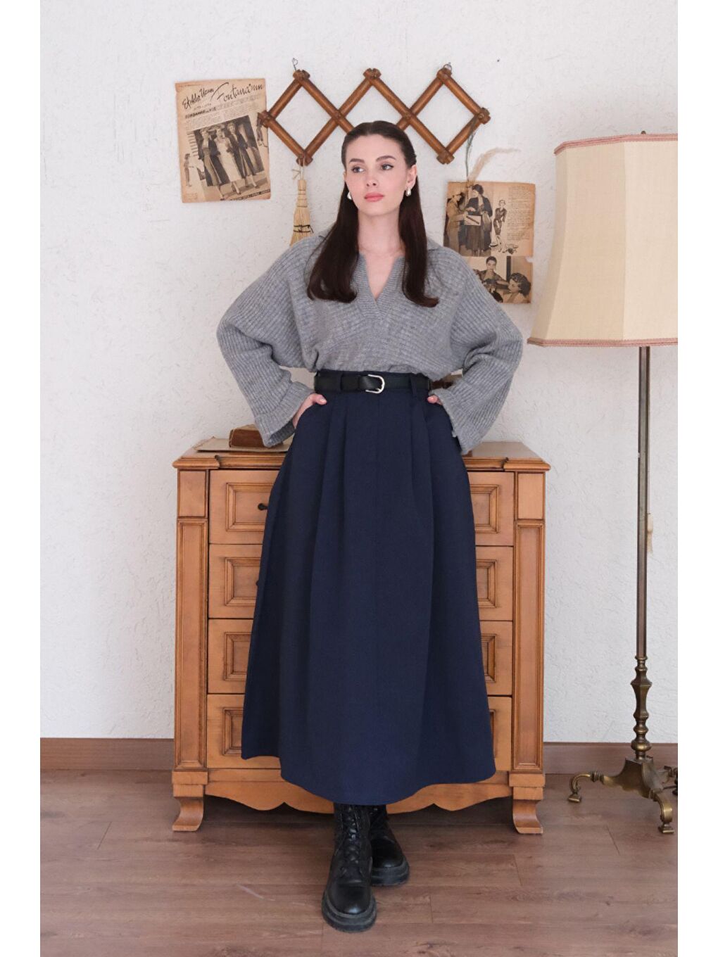 Lacivert Tek Düğmeli Keten Etek-2