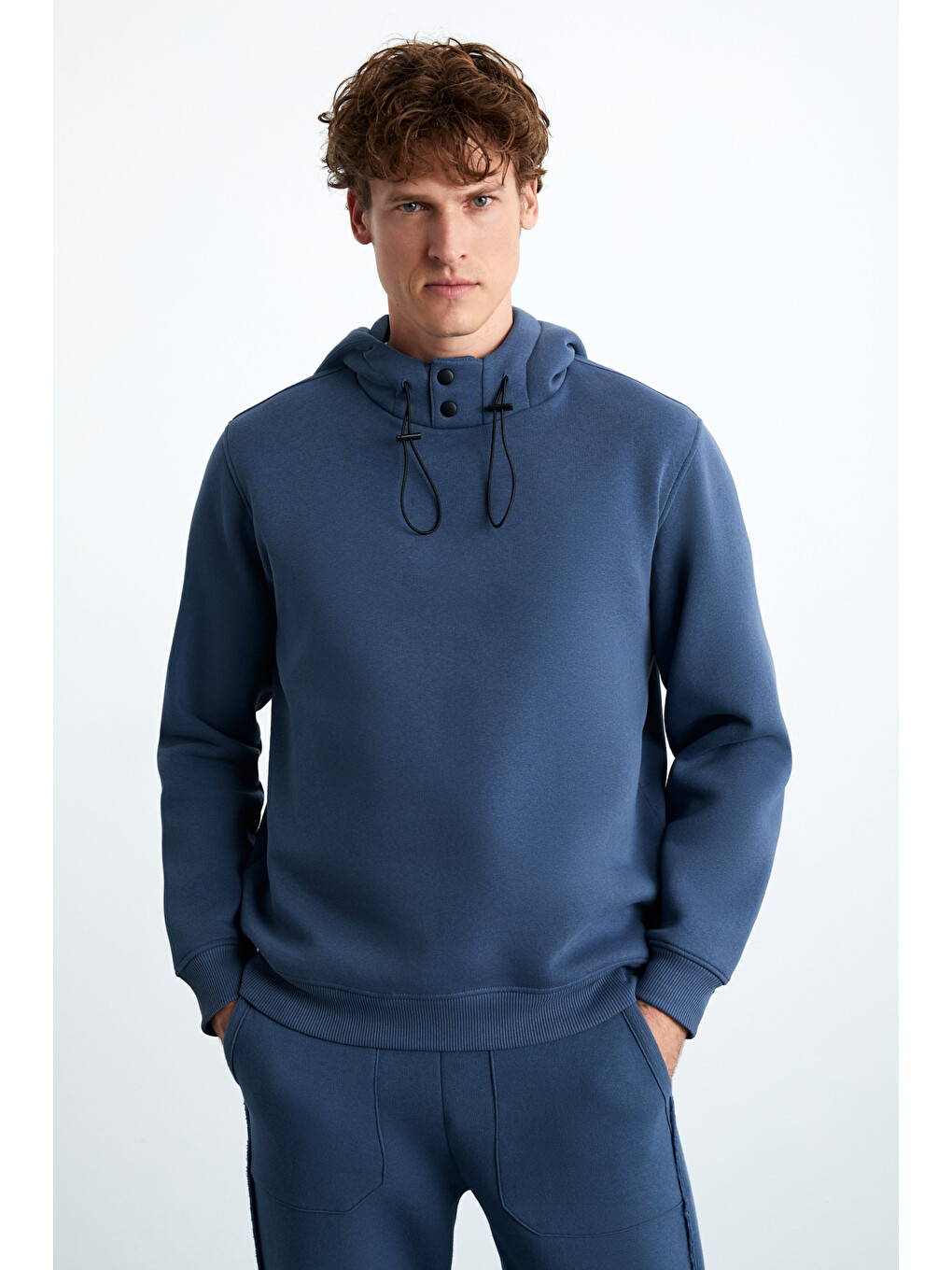 Jorna Erkek 3 İplik İçi Şardonlu Yumuşacık Çıt Çıt Yakalı Regular Kapüşonlu İndigo Sweatshirt-2