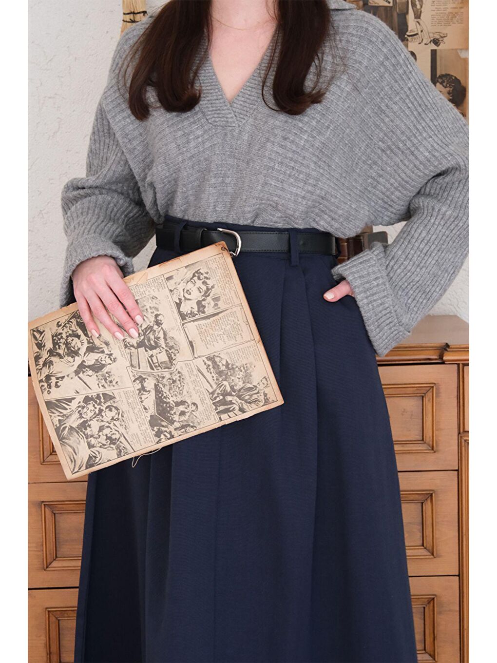 Lacivert Tek Düğmeli Keten Etek-3