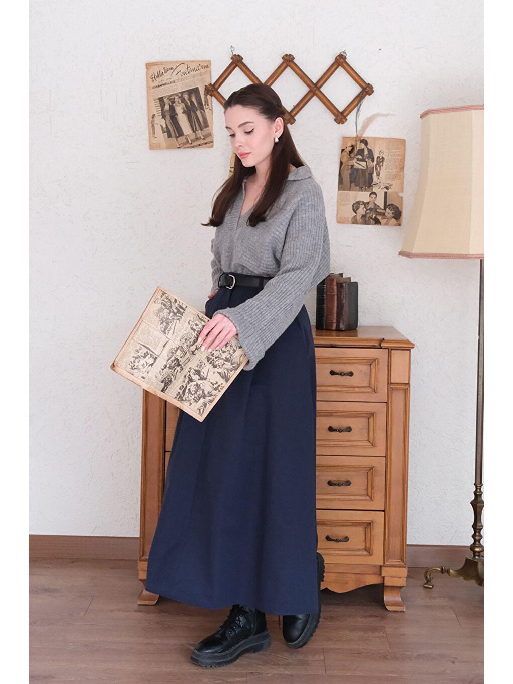 Lacivert Tek Düğmeli Keten Etek-4