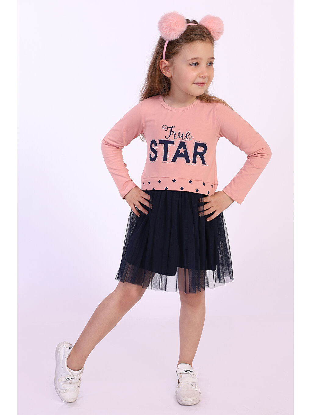 Pembe Kız Çocuk Star Baskılı Tüllü Elbise