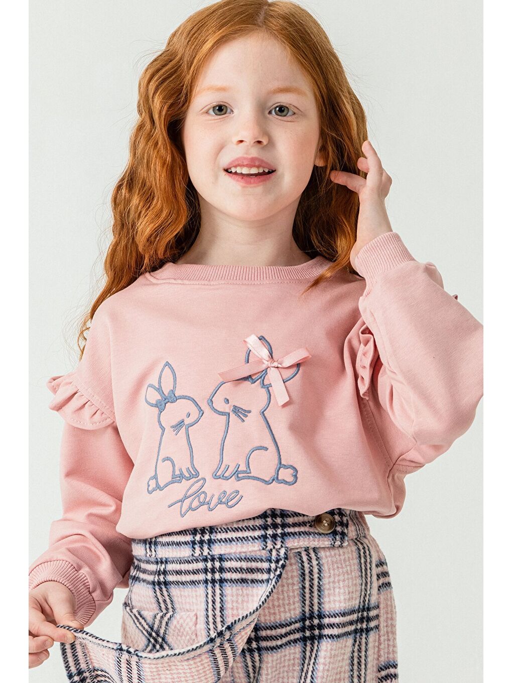 Pembe Kız Çocuk Tavşan Nakışlı Ekose Desenli Şort Etekli 2'li Takım 21537-1