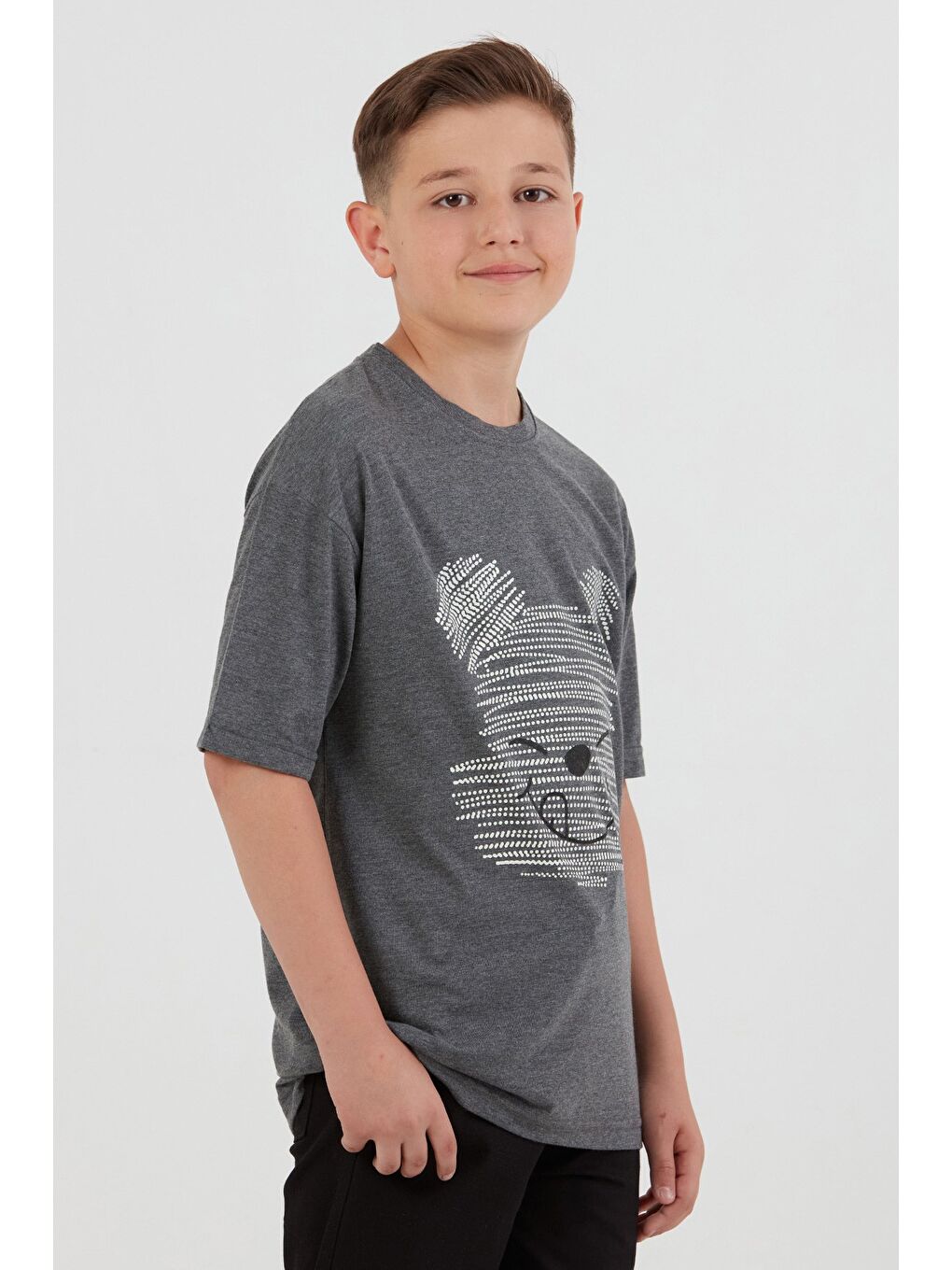 Antrasit Ayıcık Baskılı Bisiklet Yaka Erkek Çocuk Tişört