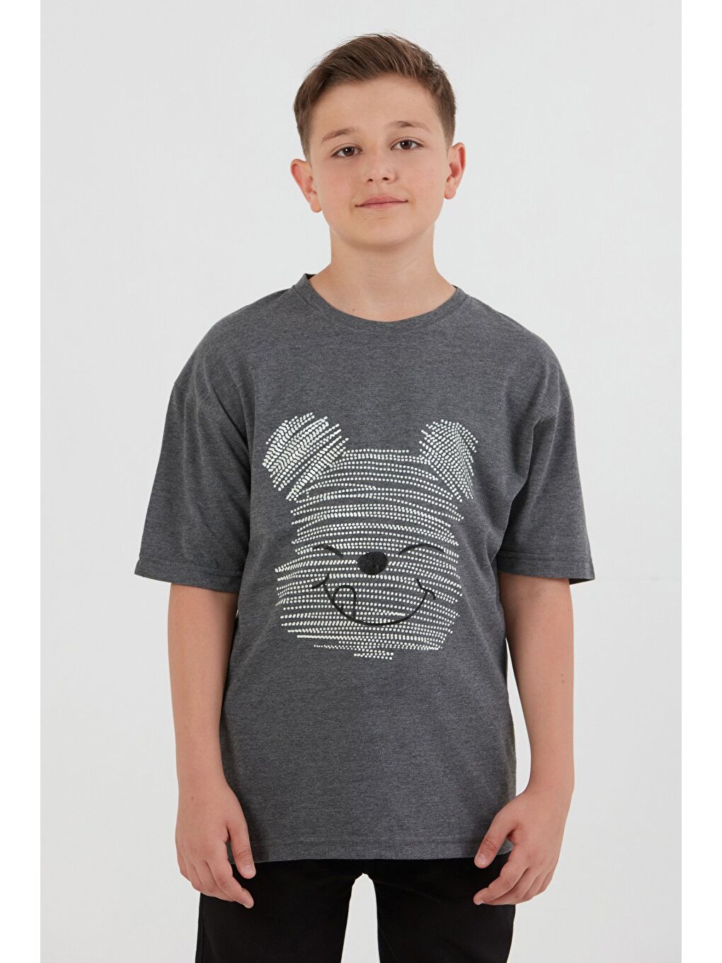 Antrasit Ayıcık Baskılı Bisiklet Yaka Erkek Çocuk Tişört-1