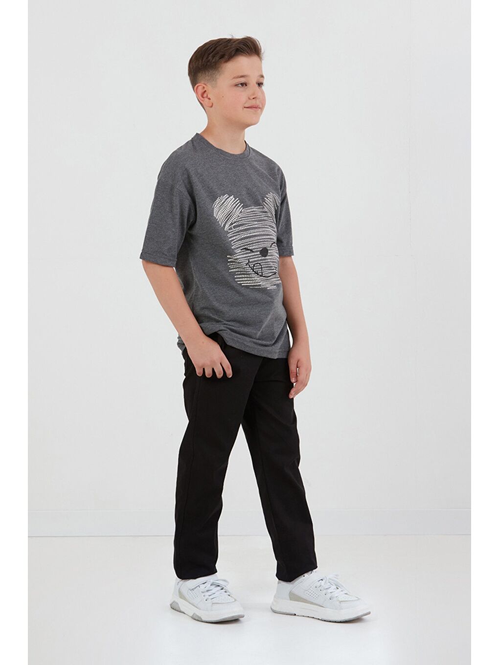 Antrasit Ayıcık Baskılı Bisiklet Yaka Erkek Çocuk Tişört-2