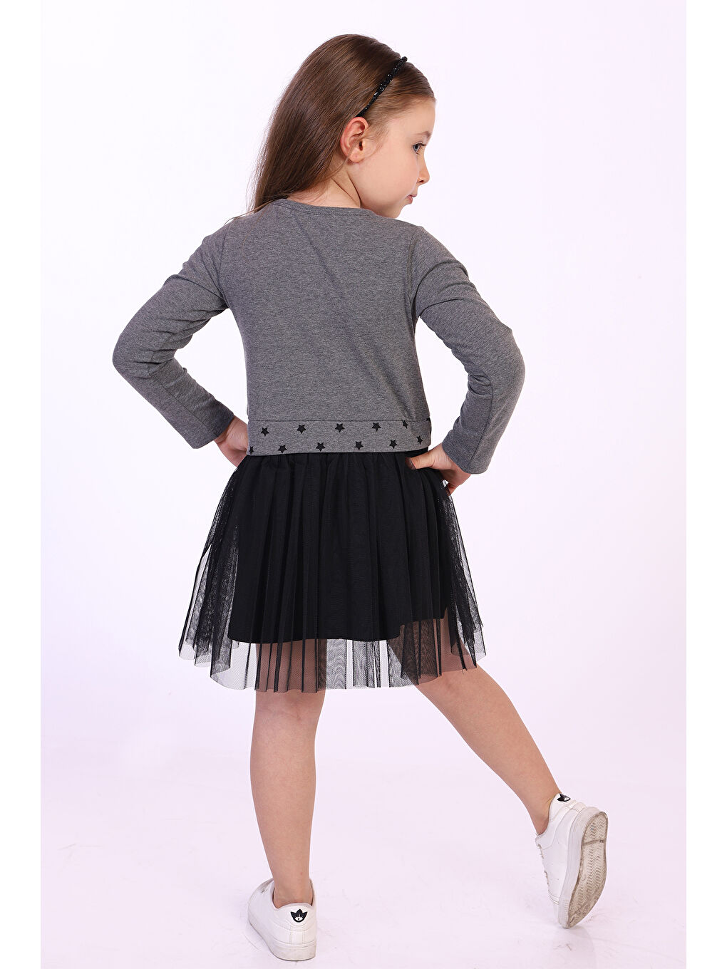 Antrasit Kız Çocuk Star Baskılı Tüllü Elbise-1