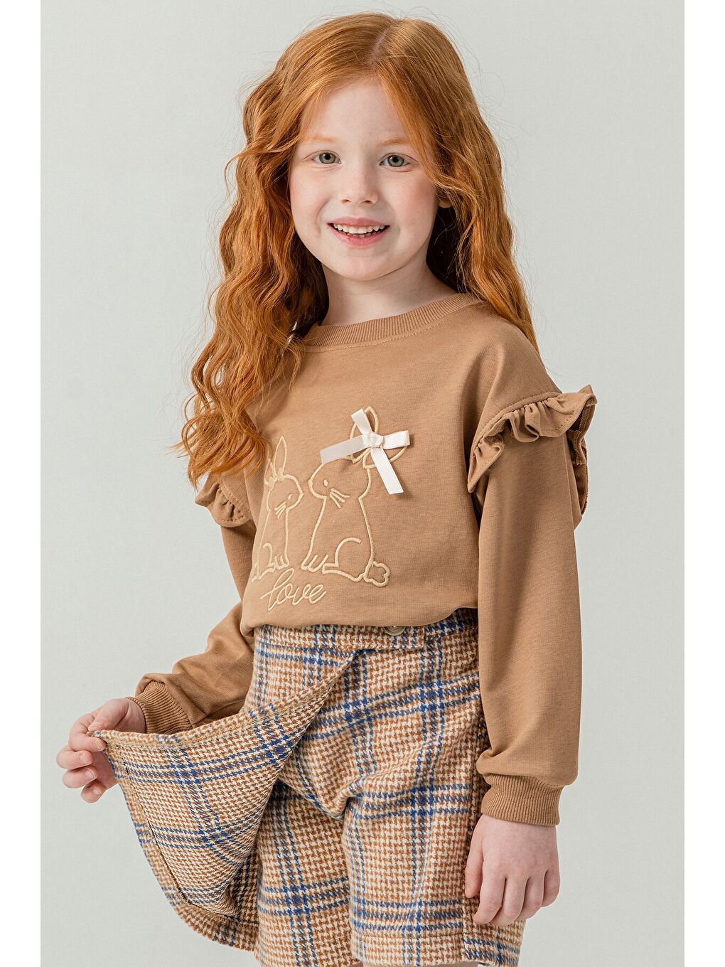 Kahverengi Kız Çocuk Tavşan Nakışlı Ekose Desenli Şort Etekli 2'li Takım 21538-2