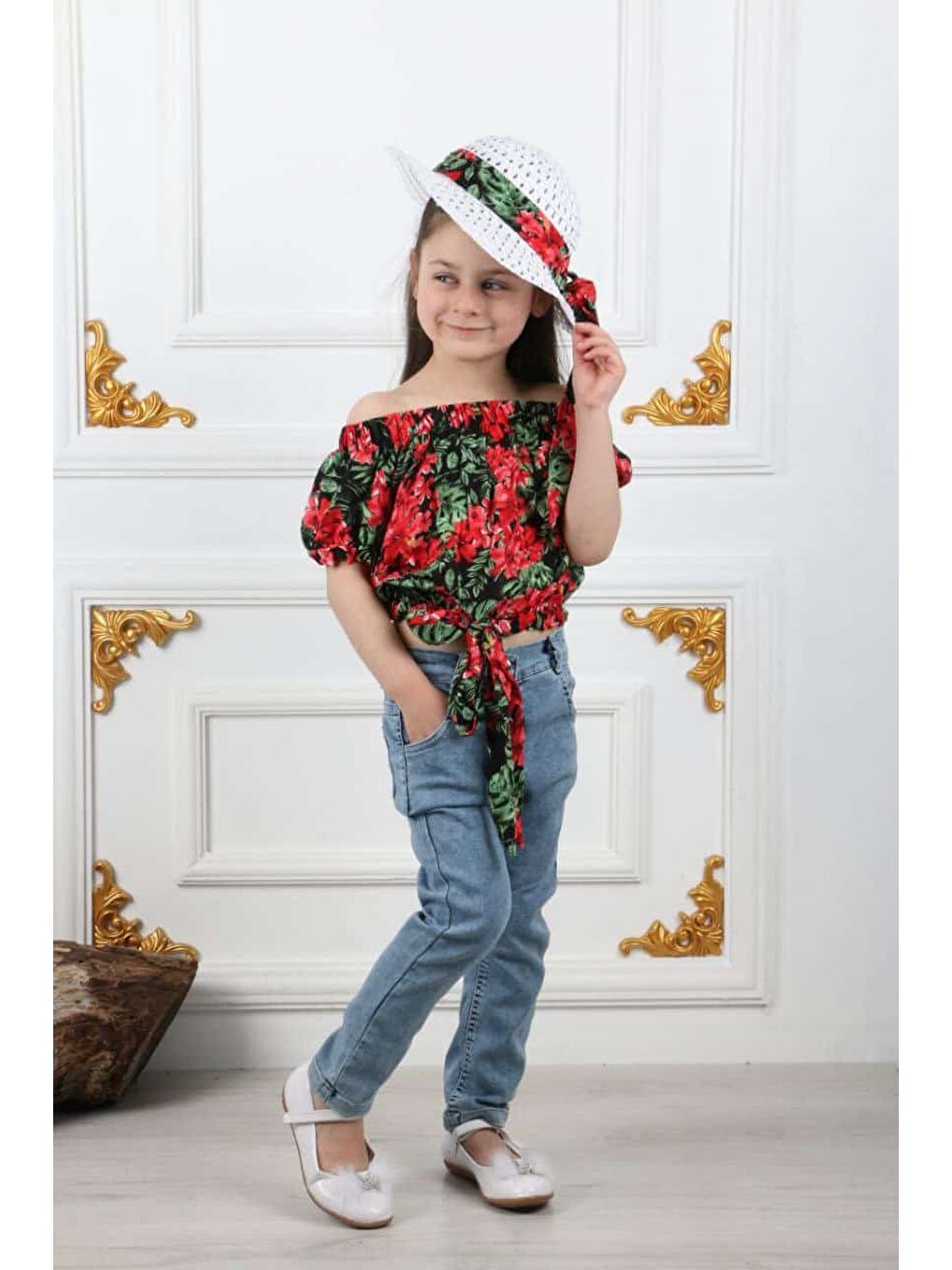 Kırmızı Miss Kovalo Kız Çocuk Şapkalı Yazlık Elastanlı Jean Pantolon Takım M00731-3