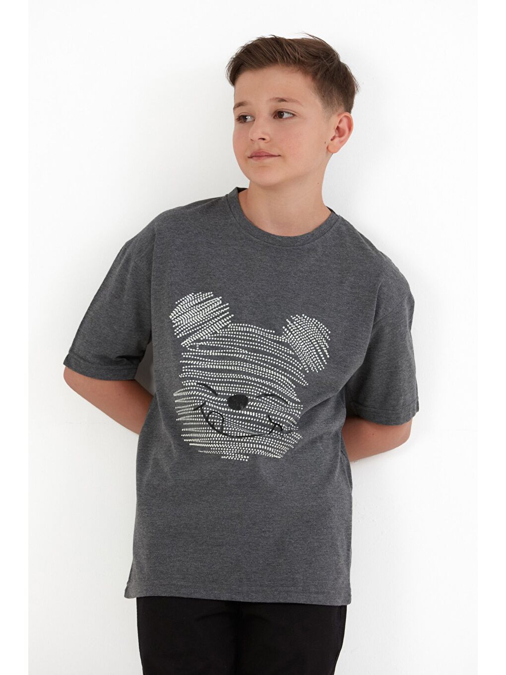 Antrasit Ayıcık Baskılı Bisiklet Yaka Erkek Çocuk Tişört-4