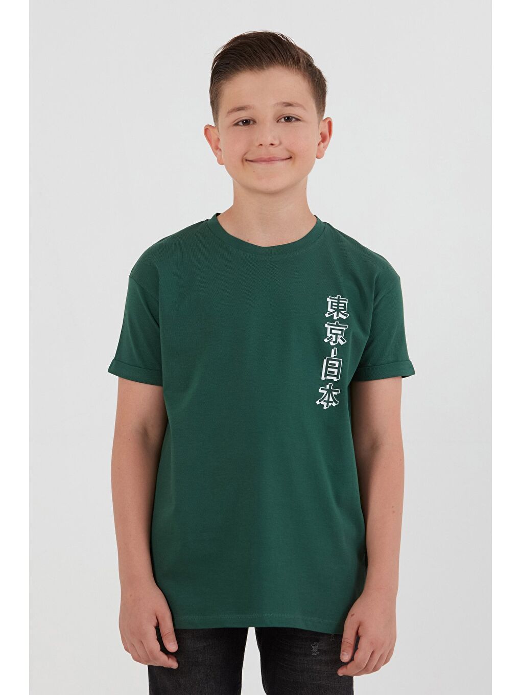 Yeşil %100 Pamuk Baskılı Erkek Çocuk Tişört-1