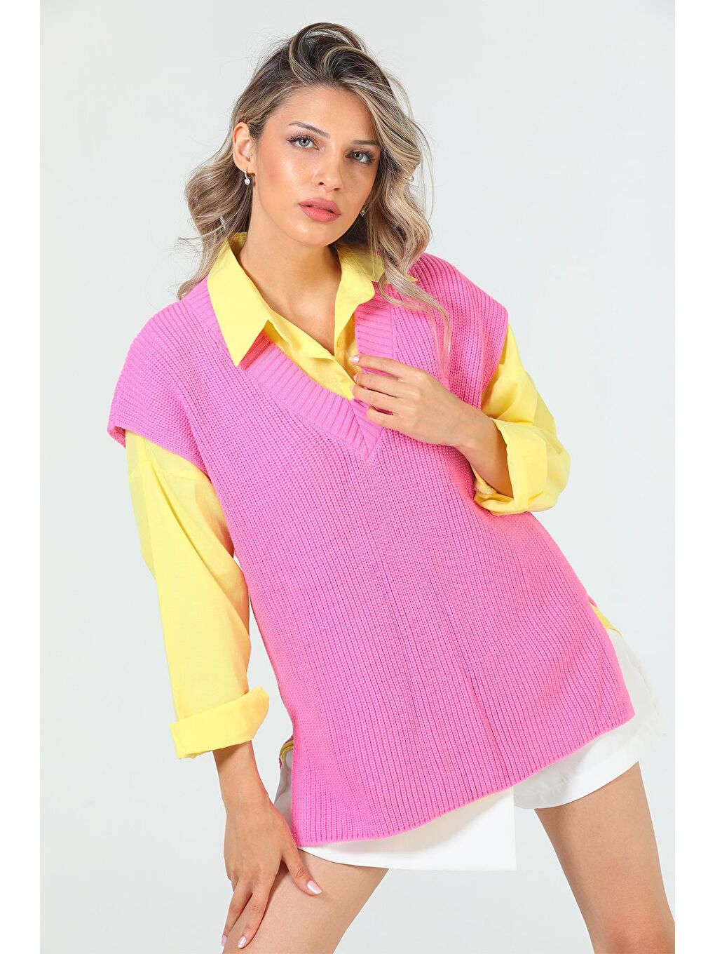 Pembe Kadın V Yaka Yan Yırtmaçlı Triko Süvete-4