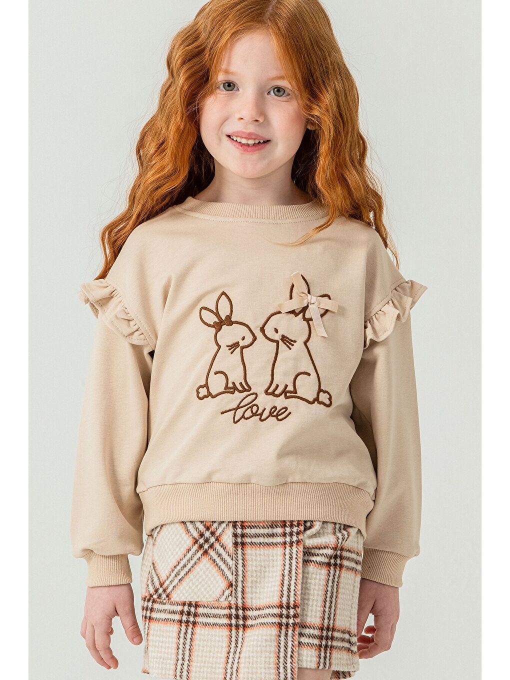 Bej Kız Çocuk Tavşan Nakışlı Ekose Desenli Şort Etekli 2'li Takım 21539-1