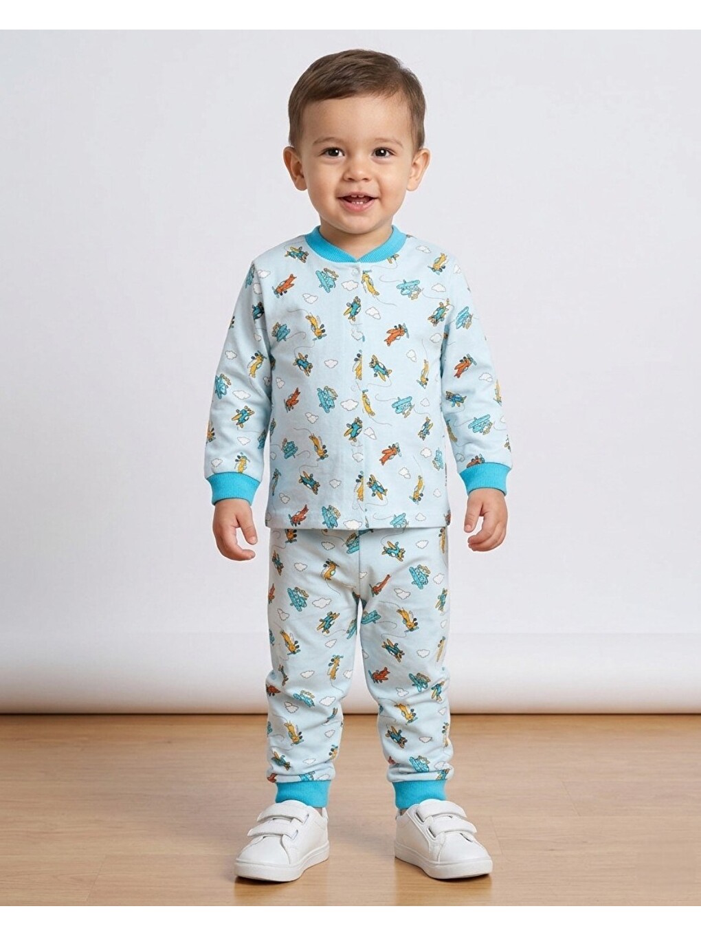 Mavi Erkek Çocuk Çıtçıtlı Uçak Baskılı 2-6 Yaş %100 Pamuklu Mevsimlik Gecelik Pijama Takımı-1
