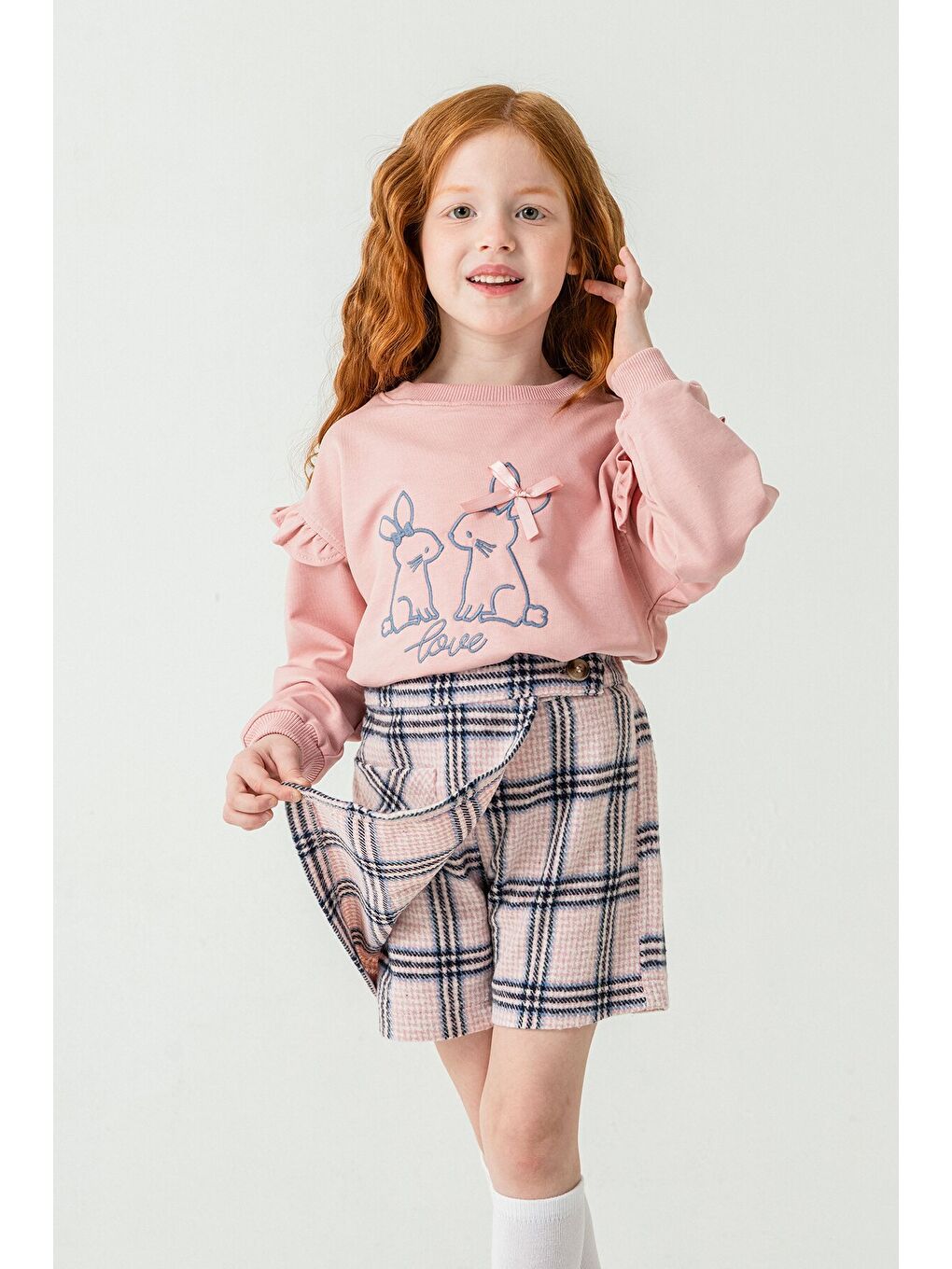 Pembe Kız Çocuk Tavşan Nakışlı Ekose Desenli Şort Etekli 2'li Takım 21537-2