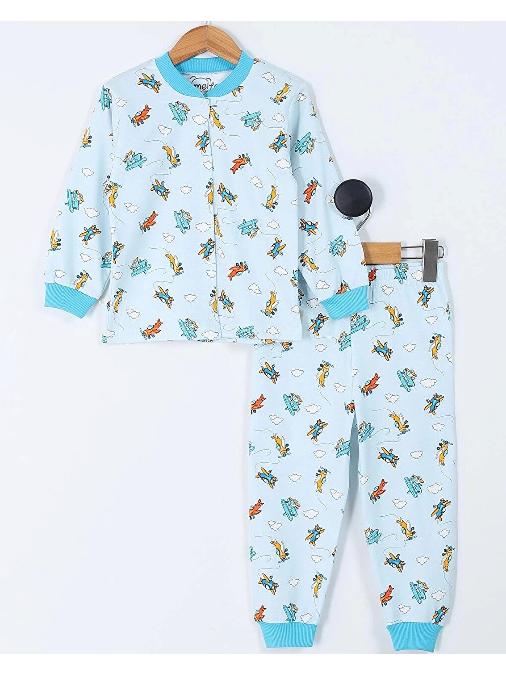 Mavi Erkek Çocuk Çıtçıtlı Uçak Baskılı 2-6 Yaş %100 Pamuklu Mevsimlik Gecelik Pijama Takımı-2