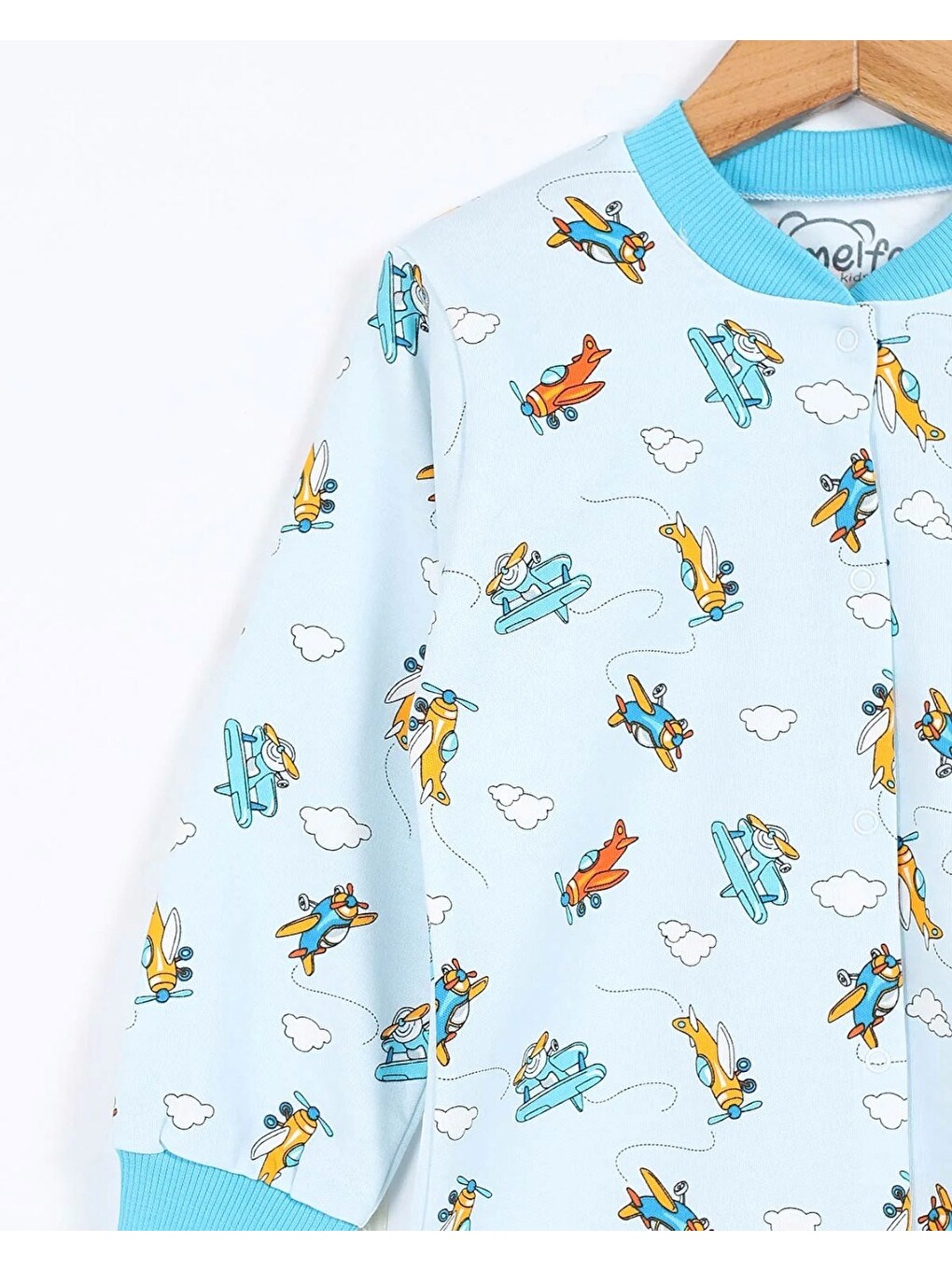 Mavi Erkek Çocuk Çıtçıtlı Uçak Baskılı 2-6 Yaş %100 Pamuklu Mevsimlik Gecelik Pijama Takımı-4