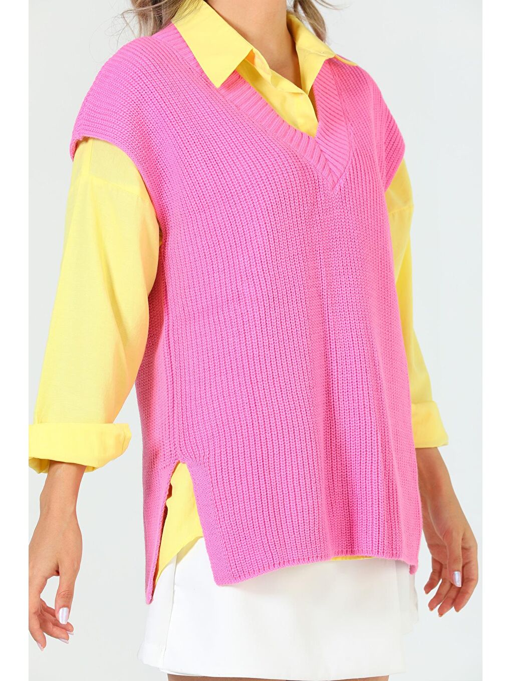 Pembe Kadın V Yaka Yan Yırtmaçlı Triko Süvete-5