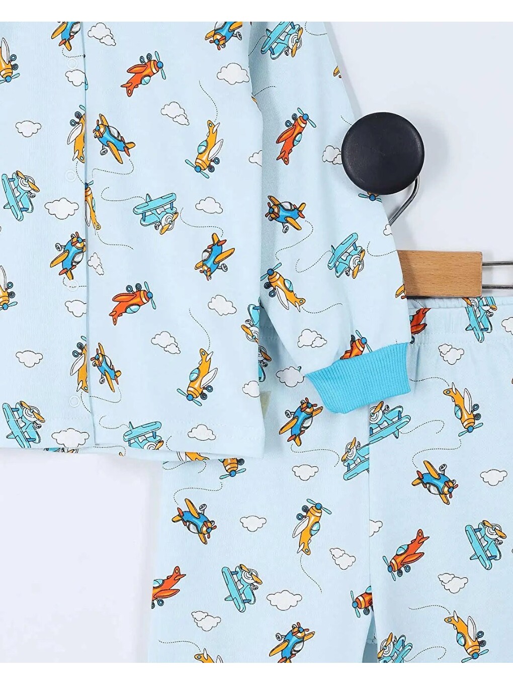 Mavi Erkek Çocuk Çıtçıtlı Uçak Baskılı 2-6 Yaş %100 Pamuklu Mevsimlik Gecelik Pijama Takımı-7