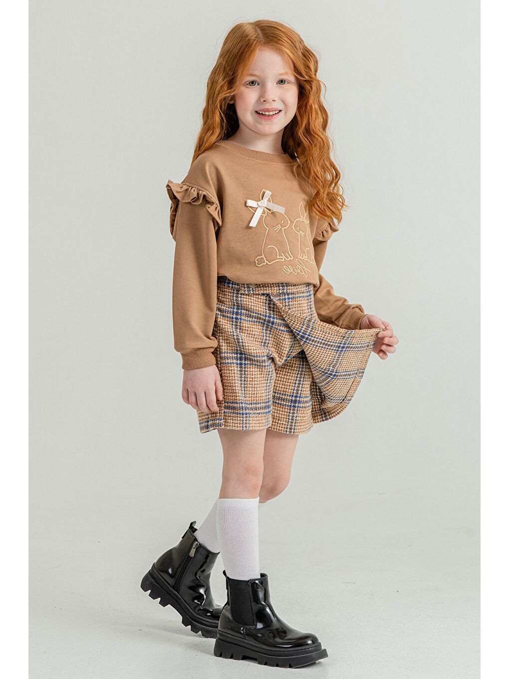 Kahverengi Kız Çocuk Tavşan Nakışlı Ekose Desenli Şort Etekli 2'li Takım 21538-3