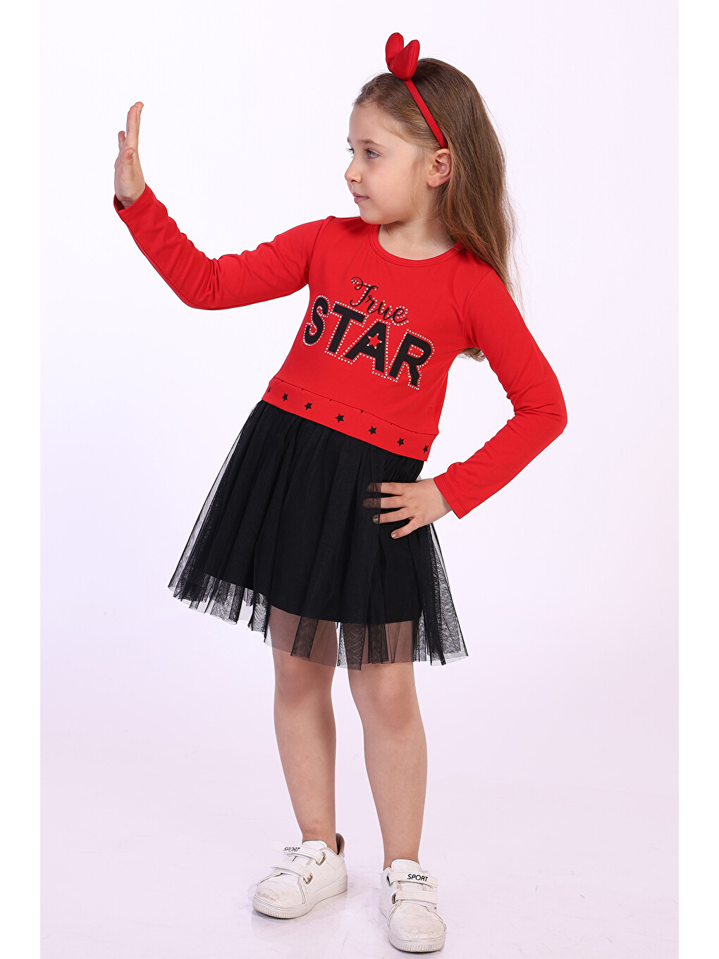 Kırmızı Kız Çocuk Star Baskılı Tüllü Elbise-3