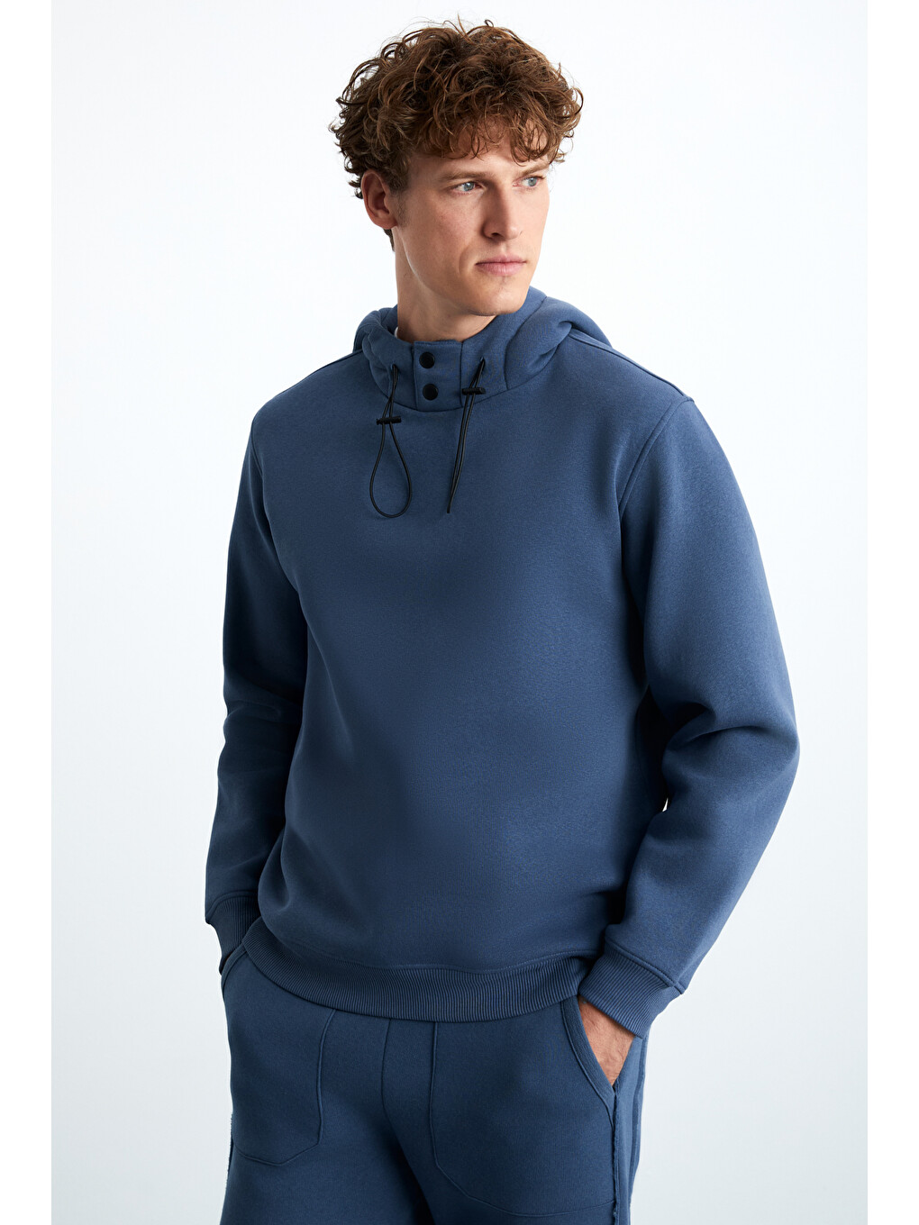 Jorna Erkek 3 İplik İçi Şardonlu Yumuşacık Çıt Çıt Yakalı Regular Kapüşonlu İndigo Sweatshirt-3