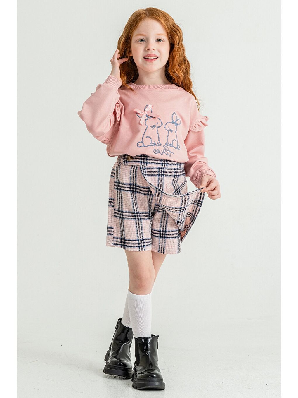 Pembe Kız Çocuk Tavşan Nakışlı Ekose Desenli Şort Etekli 2'li Takım 21537-3