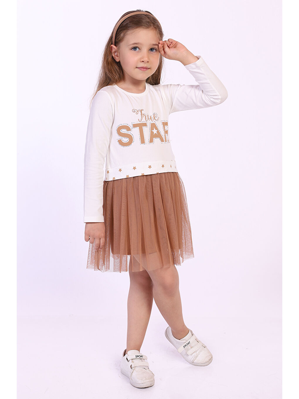 Ekru Kız Çocuk Star Baskılı Tüllü Elbise-2