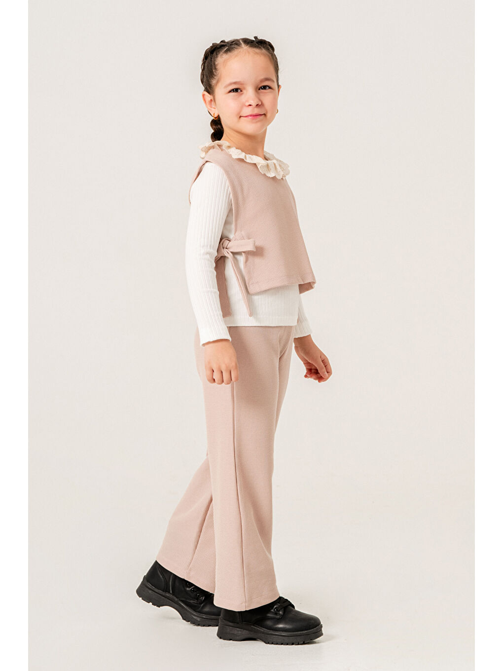 Pembe Dantel Yaka Detaylı Kız Çocuk Üçlü Takım 3-7 Yaş Pudra 3774-2