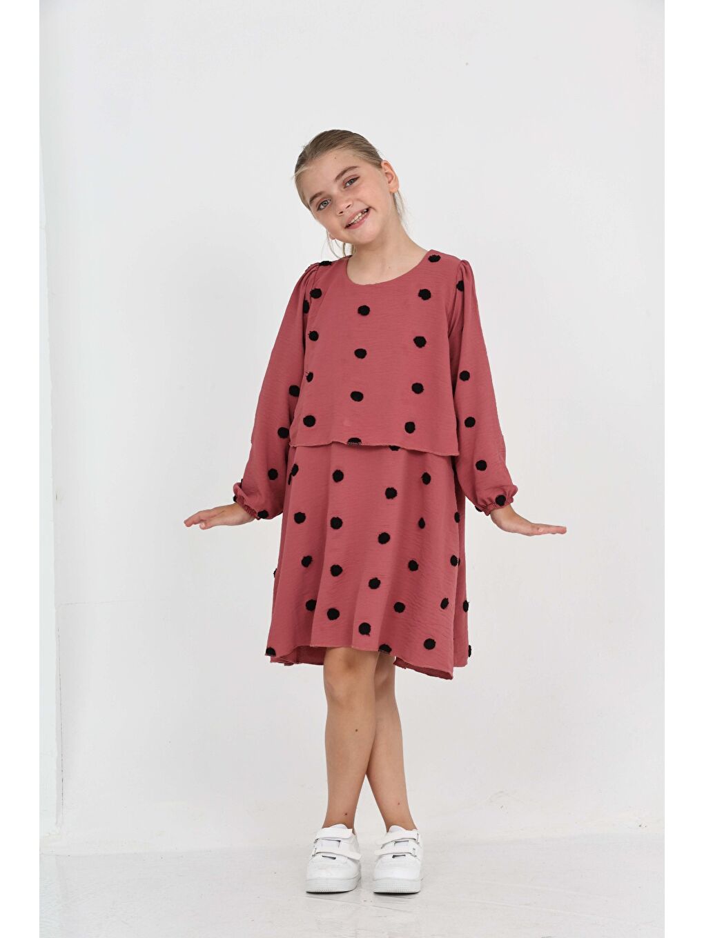 Pembe Kız Çocuk Puantiye Detaylı Elbise-1