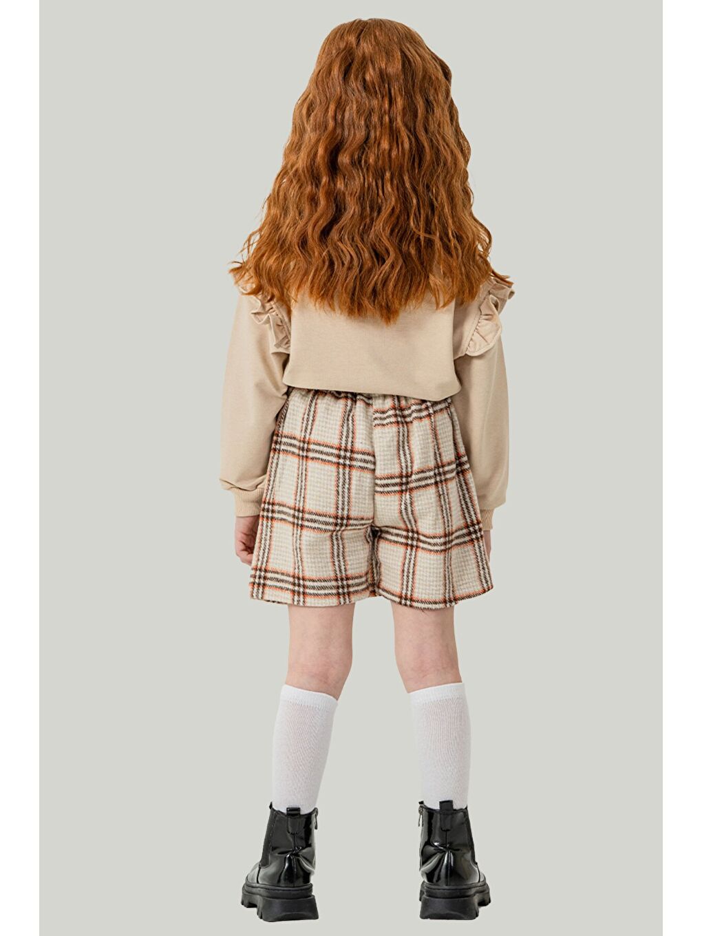 Bej Kız Çocuk Tavşan Nakışlı Ekose Desenli Şort Etekli 2'li Takım 21539-2