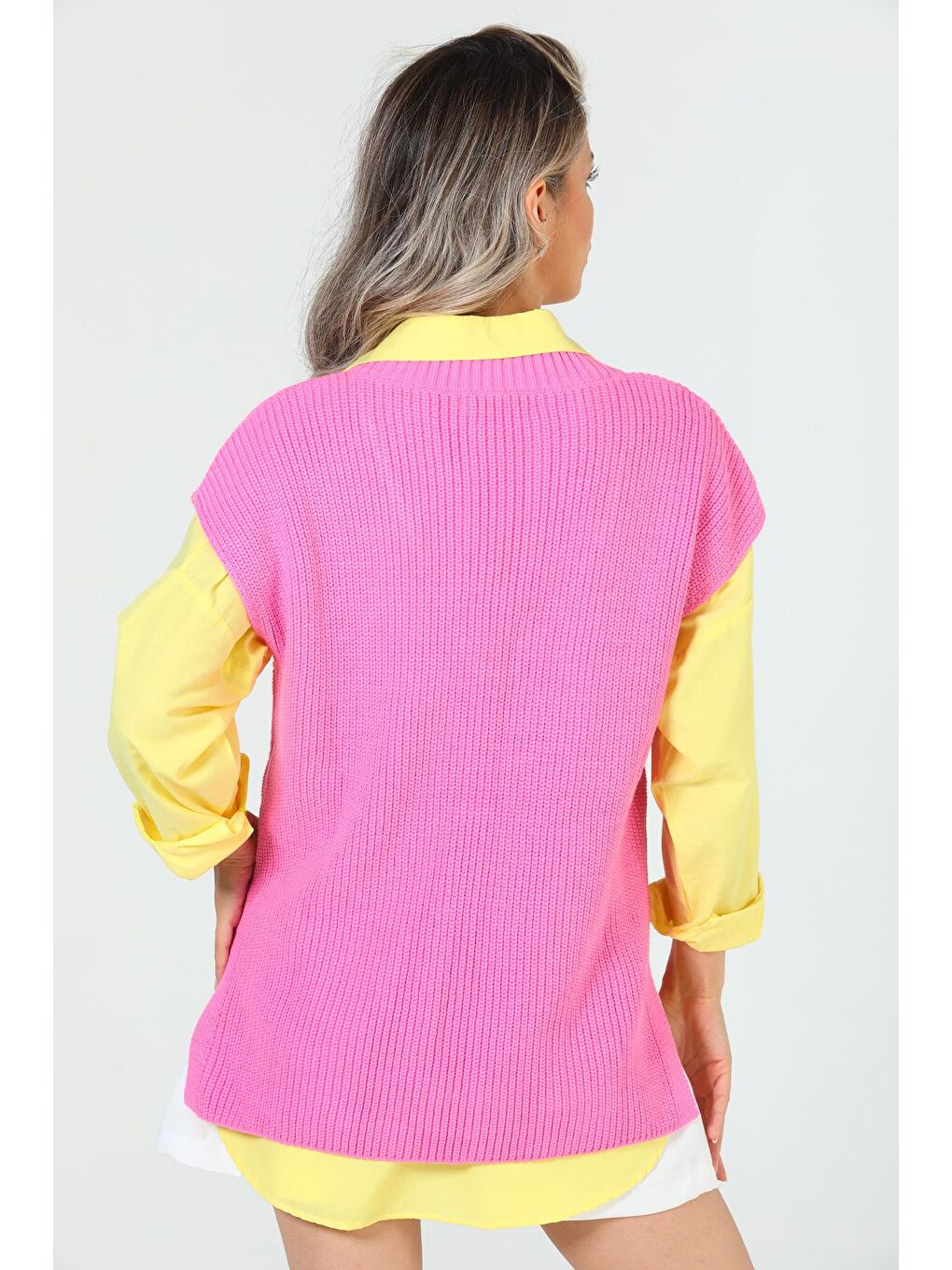 Pembe Kadın V Yaka Yan Yırtmaçlı Triko Süvete-7