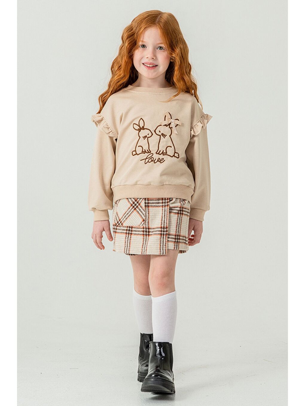Bej Kız Çocuk Tavşan Nakışlı Ekose Desenli Şort Etekli 2'li Takım 21539-3
