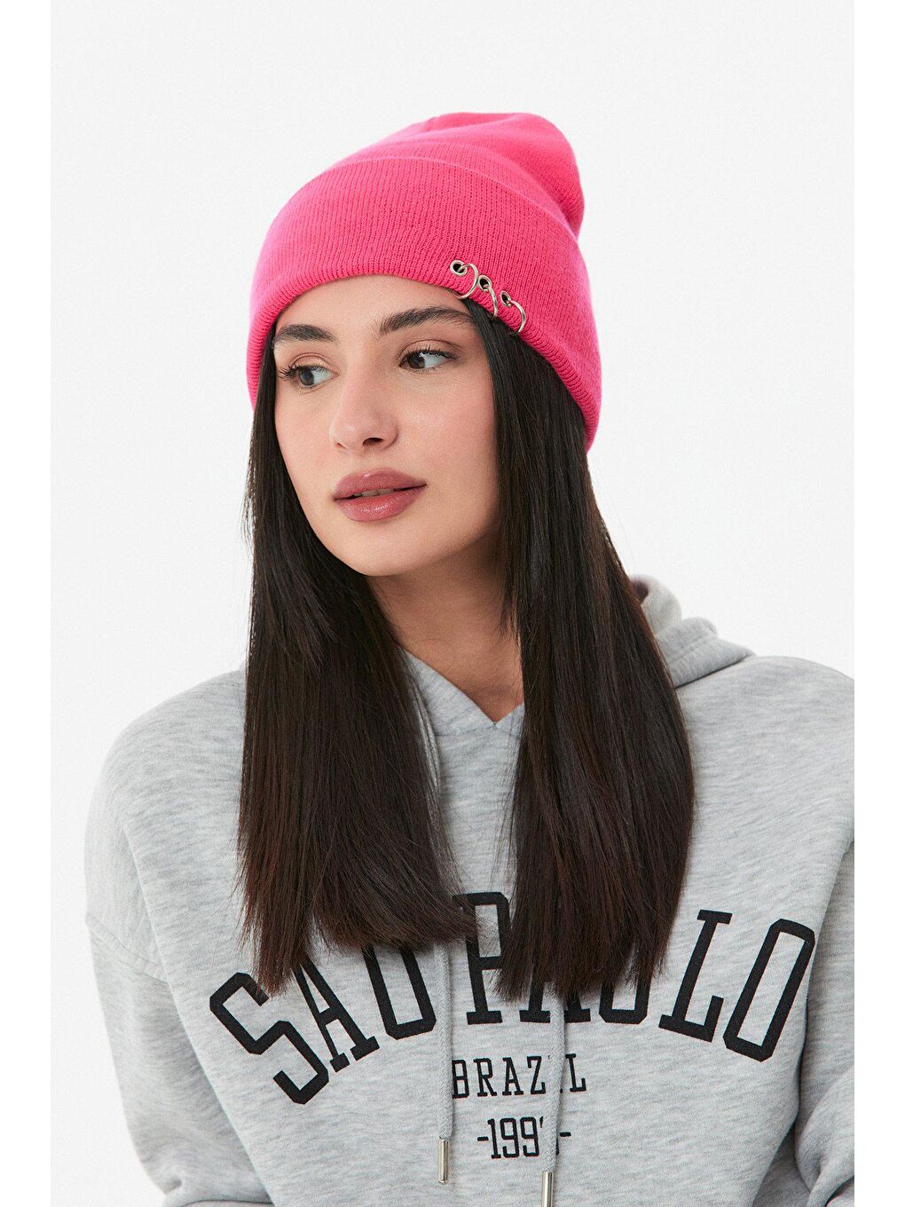 Fuşya Piercingli Unisex Basic Bere-1