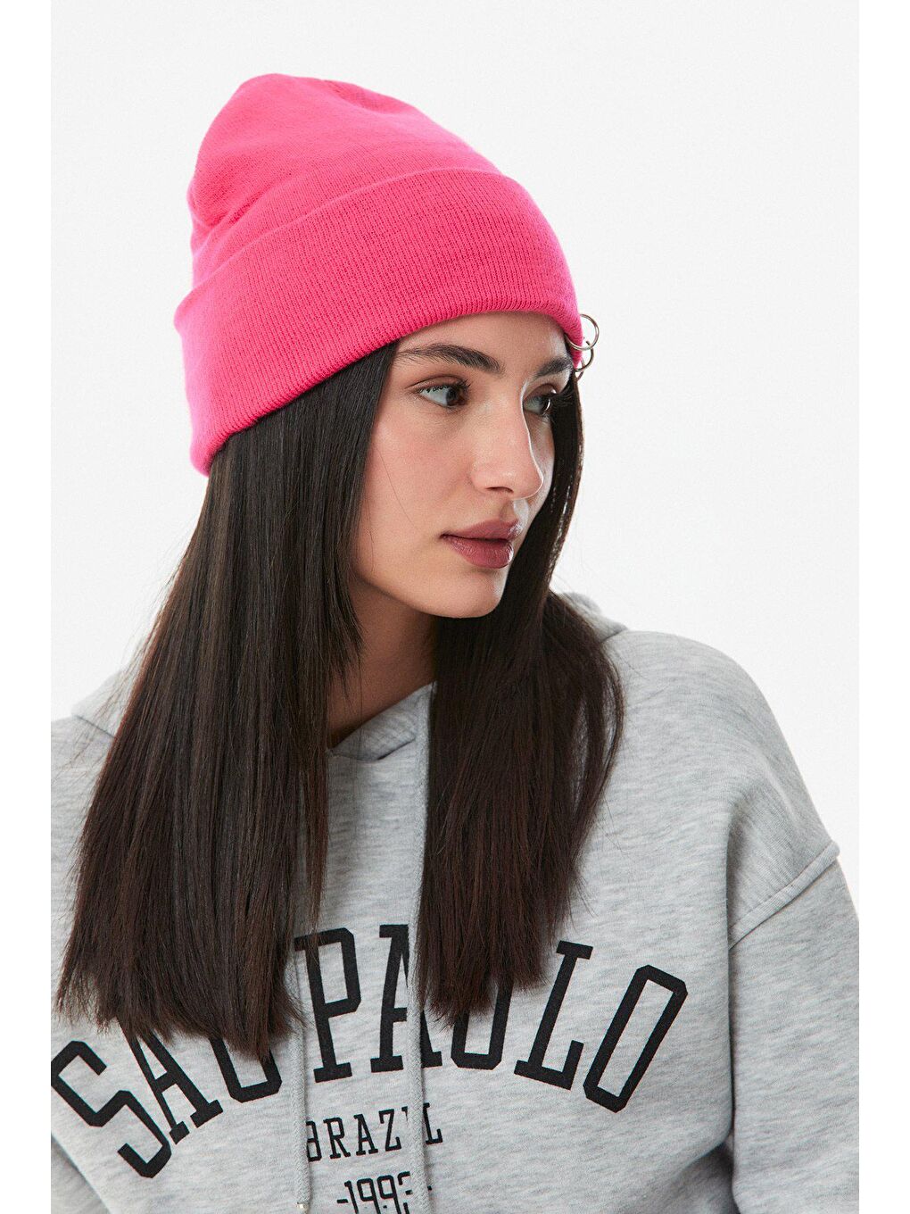 Fuşya Piercingli Unisex Basic Bere-2