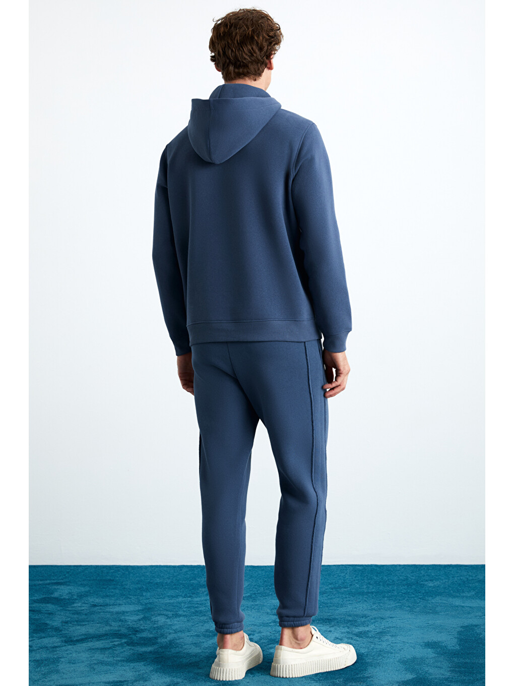 Jorna Erkek 3 İplik İçi Şardonlu Yumuşacık Çıt Çıt Yakalı Regular Kapüşonlu İndigo Sweatshirt-4