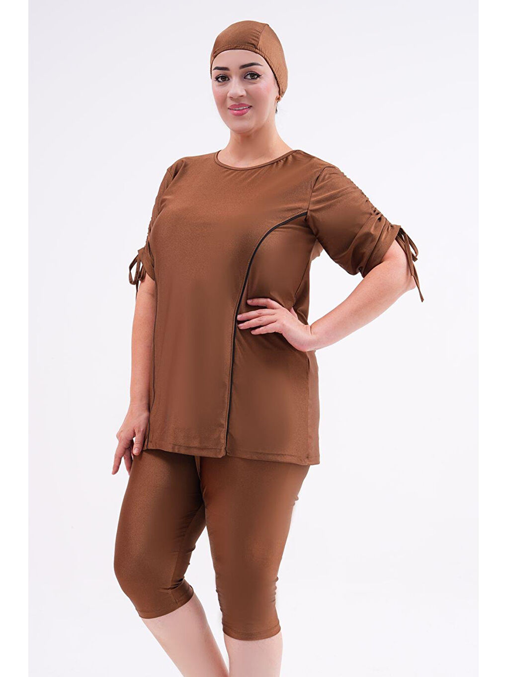 Büyük Beden Yarı Kapalı Tesettür Mayo Kol Detaylı 2311 Aysu Kahverengi