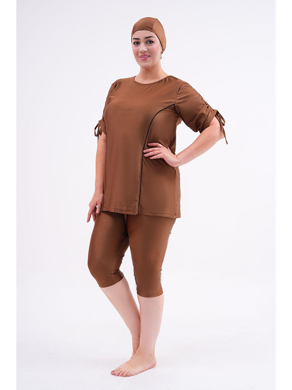 Büyük Beden Yarı Kapalı Tesettür Mayo Kol Detaylı 2311 Aysu Kahverengi-1