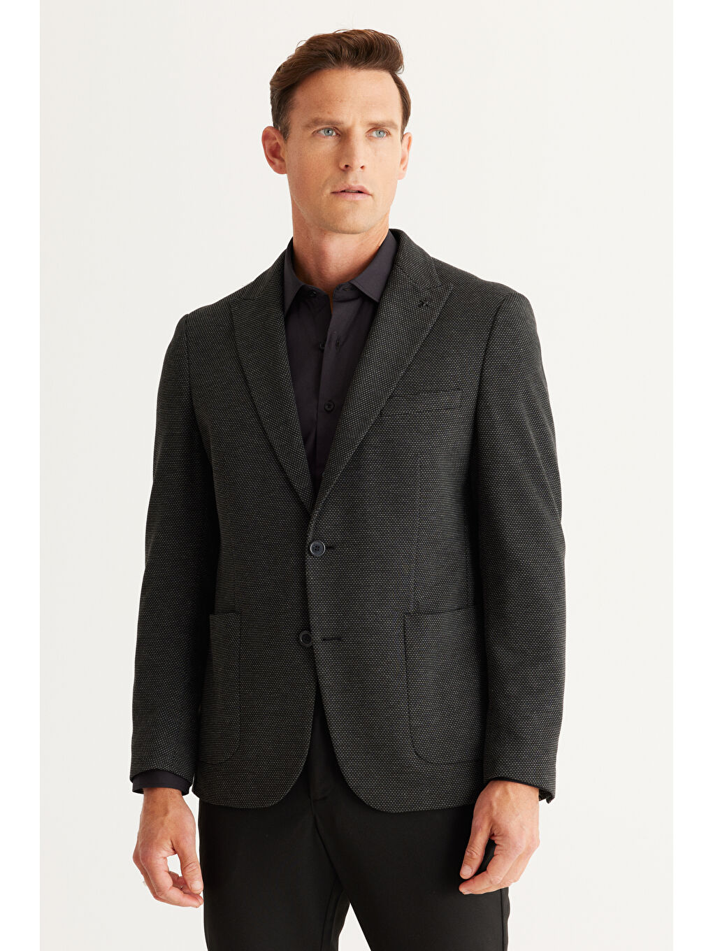 Erkek Siyah-Antrasit Slim Fit Dar Kesim Kırlangıç Yaka Desenli Ceket-1