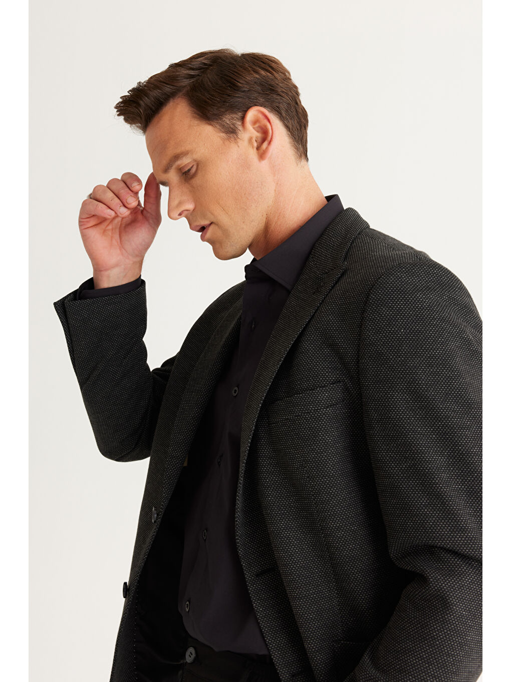 Erkek Siyah-Antrasit Slim Fit Dar Kesim Kırlangıç Yaka Desenli Ceket-2