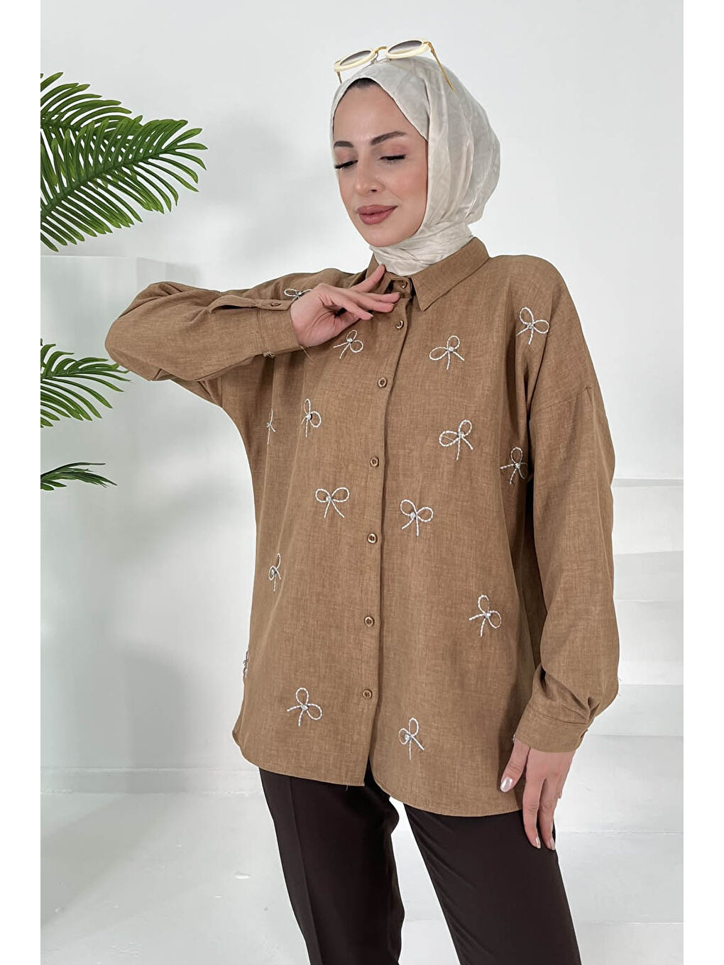 Bej İncili Gömlek Vizon - 27033-1