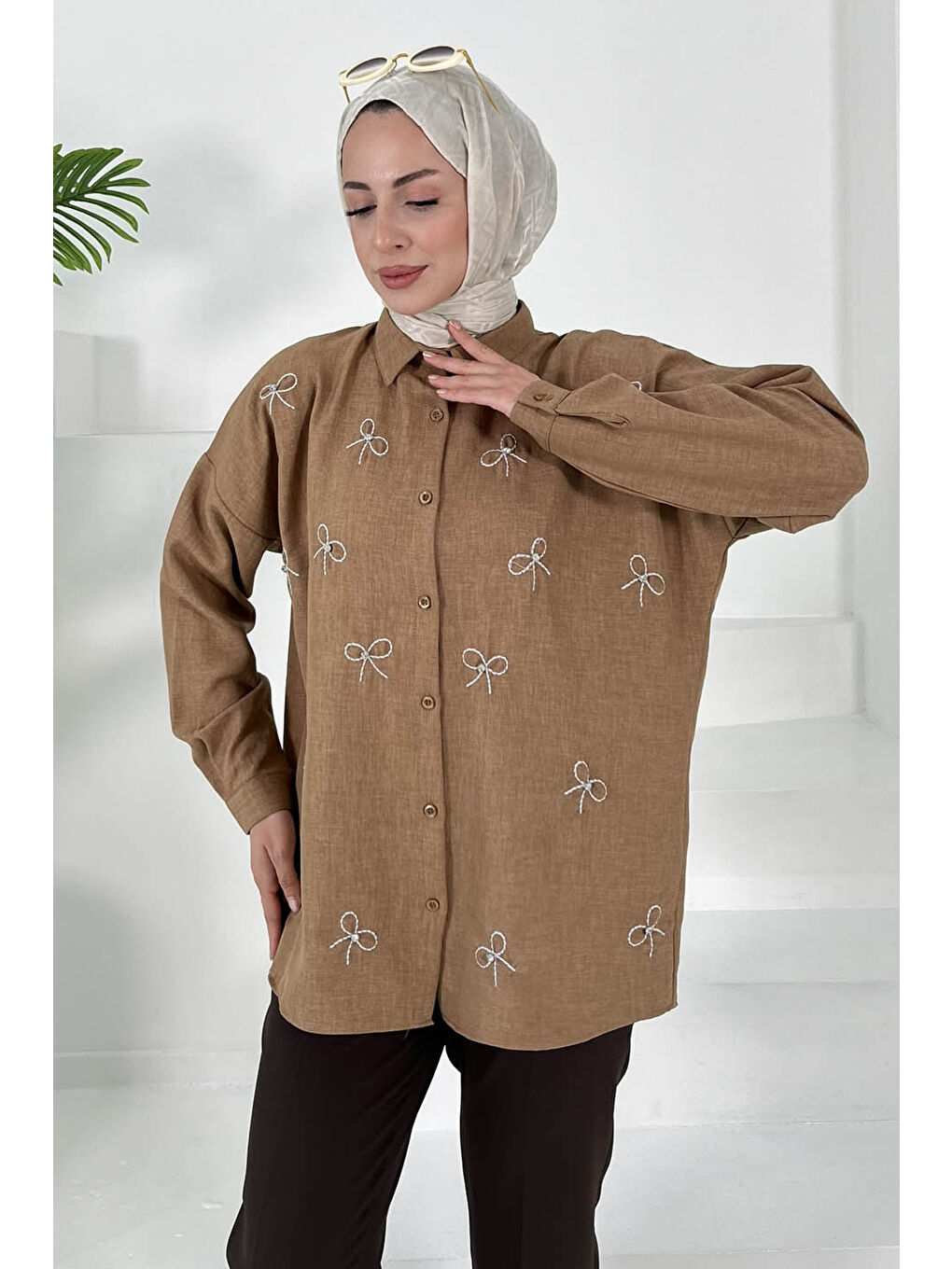 Bej İncili Gömlek Vizon - 27033-2