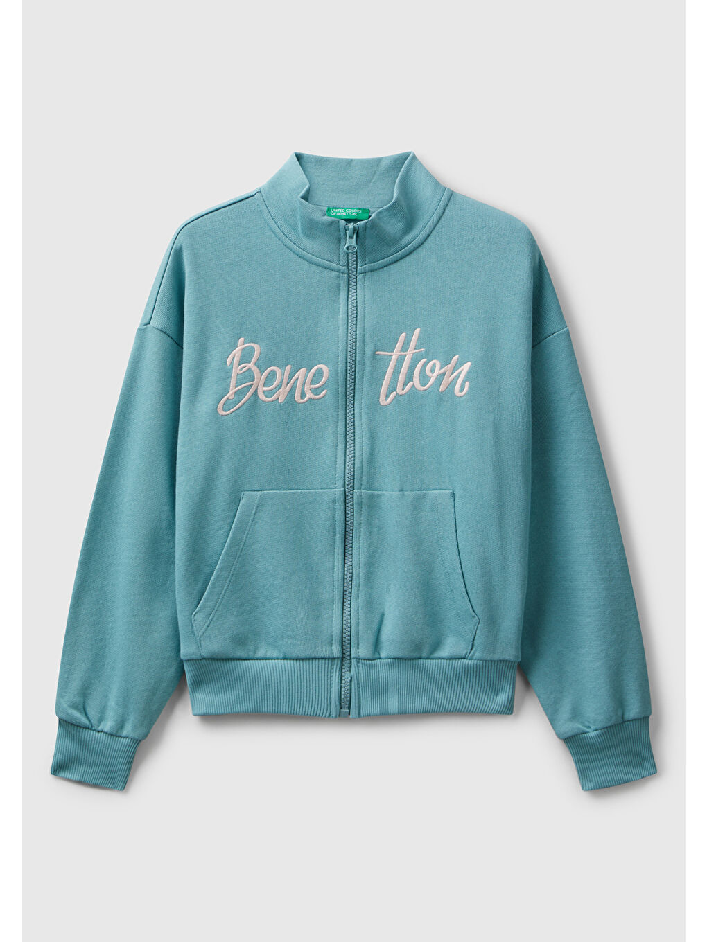 Kız Çocuk Gri-Yeşil Önü Logo Nakışlı Cepli Fermuarlı Dik Yaka Sweatshirt