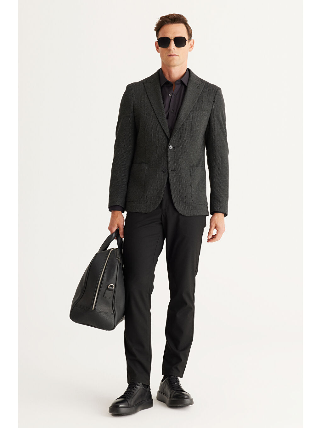 Erkek Siyah-Antrasit Slim Fit Dar Kesim Kırlangıç Yaka Desenli Ceket-3