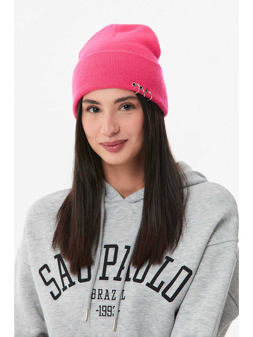 Fuşya Piercingli Unisex Basic Bere-3