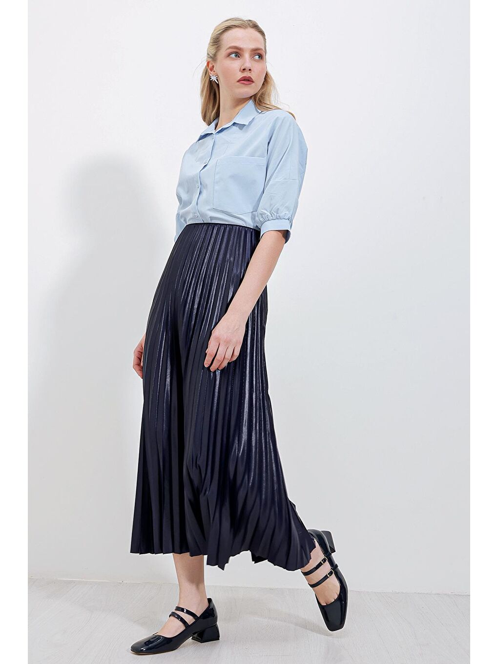 8009 Deri Görünümlü Piliseli Etek - Lacivert-1