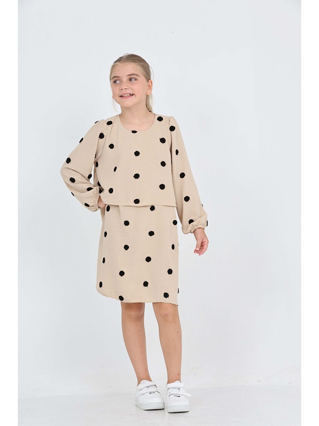 Bej Kız Çocuk Puantiye Detaylı Elbise-1