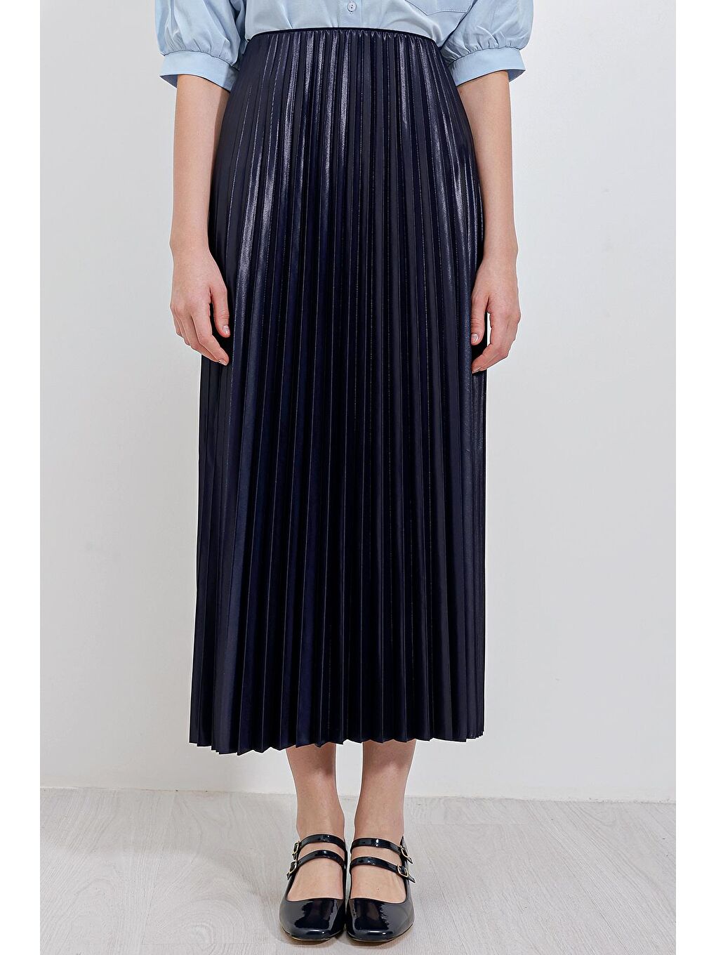 8009 Deri Görünümlü Piliseli Etek - Lacivert-2