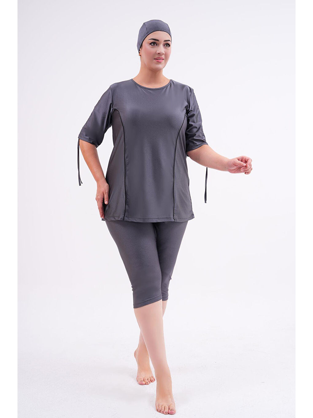 Büyük Beden Yarı Kapalı Tesettür Mayo Kol Detaylı 2311 Aysu Antrasit-1