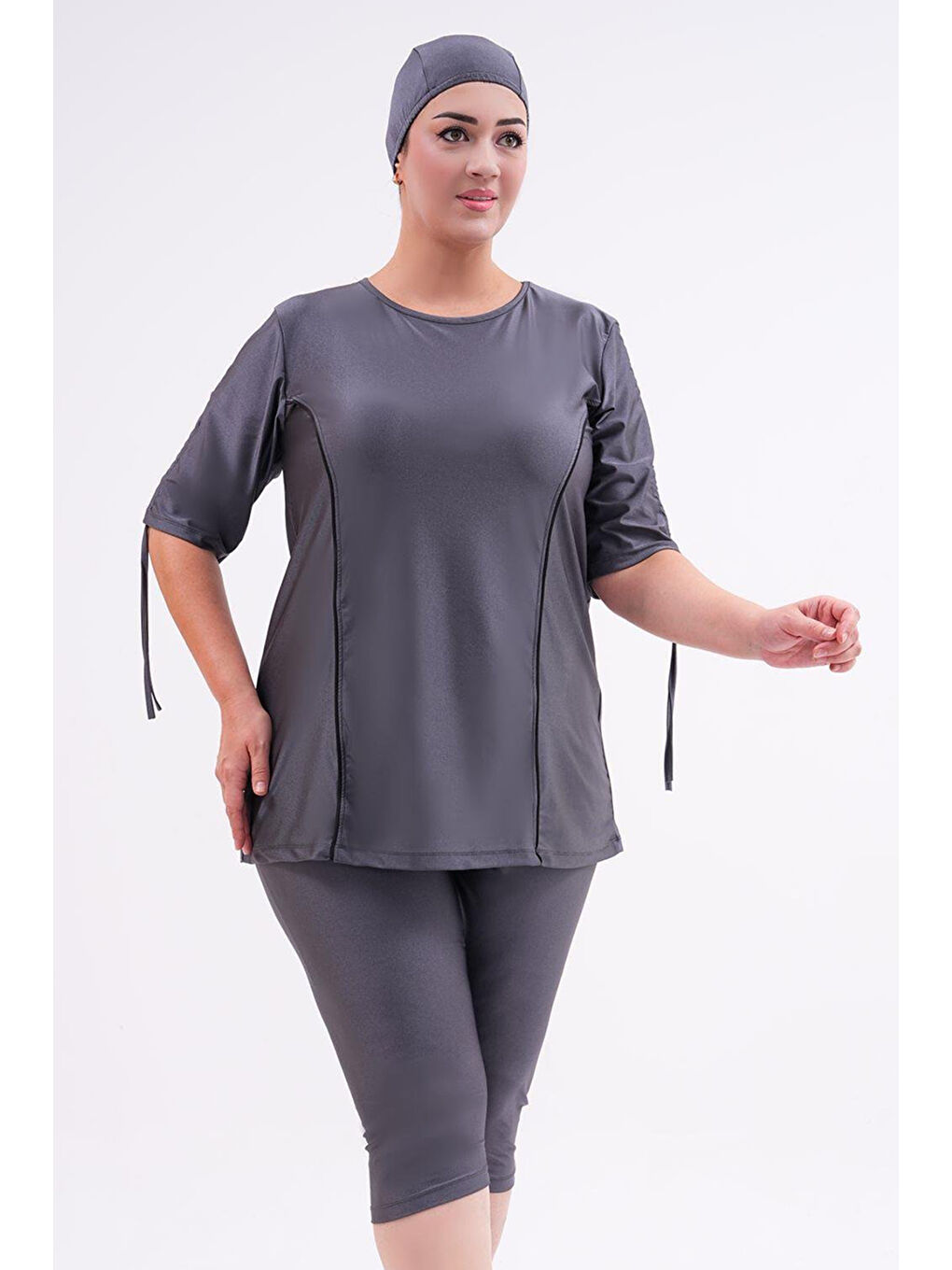 Büyük Beden Yarı Kapalı Tesettür Mayo Kol Detaylı 2311 Aysu Antrasit-2